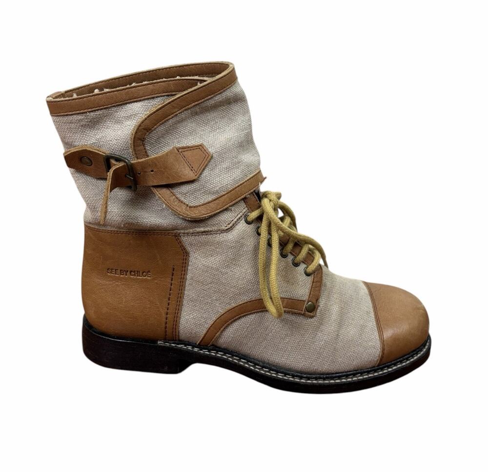 See By Chloe Canvas and Leather Lace Up Combat Biker Ankle Boots Boho Size 40